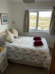 1 dormitorio con 1 cama con ventana y almohadas en Lucerne B&B, en Lyme Regis