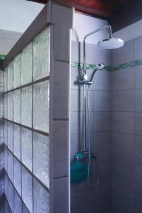 a shower in a bathroom with a glass wall at Gîtes de la coulisse in Trois-Rivières