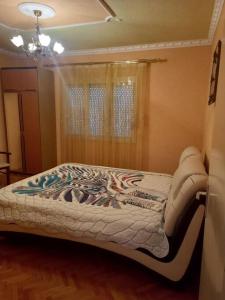 a bed in a bedroom with a curtain and a window at Vila Arapovi - Bosilovo in Strumica
