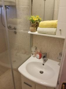 ein Bad mit einem Waschbecken und einer Dusche in der Unterkunft Apartman Bogdan in Jelsa
