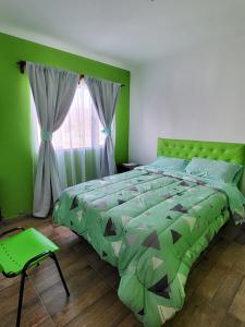 Dormitorio verde con cama y ventana en NIRELLE CALAFATE SUITES en El Calafate