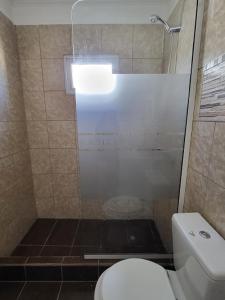 y baño pequeño con ducha y aseo. en NIRELLE CALAFATE SUITES en El Calafate