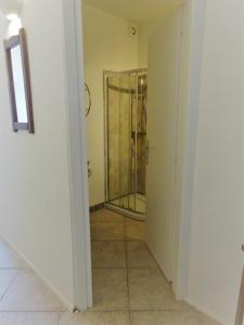 a bathroom with a shower and a glass door at Red - Monolocale San Pantaleo in San Pantaleo