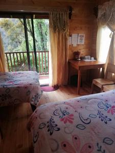 a bedroom with two beds and a desk in a cabin at Cabañas San Gerardo in San Gerardo de Dota