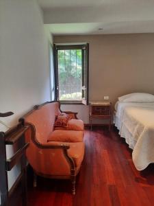 1 dormitorio con silla, cama y ventana en HABITACION CON PISCINA Y PARQUE en Chacras de Coria en Chacras de Coria