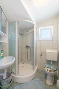 a bathroom with a shower and a toilet and a sink at Apartments with parking space Lopar, Rab - 14070 in Lopar