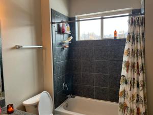 a bathroom with a shower and a toilet and a sink at Santa Fe Charm Home in Santa Fe