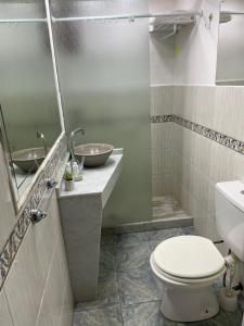 een badkamer met een toilet, een wastafel en een spiegel bij CERRO CHICO APART in Cordoba