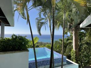 uma vista a partir da varanda de uma villa com palmeiras em Top Ridge Views - 2 Bedrooms em Sandy Bay