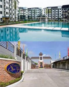 two pictures of a large swimming pool in a city at Cozy AM Nook in Santa Rosa