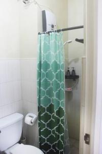 a bathroom with a shower curtain and a toilet at Cozy AM Nook in Santa Rosa