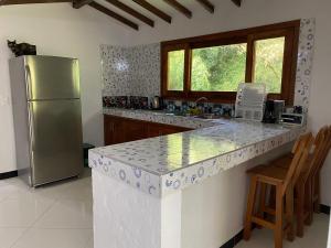 a kitchen with a stainless steel refrigerator and a counter at River house in Jardin