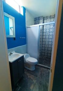 uma casa de banho com um WC, um lavatório e um chuveiro em Suite Aries em Tlatlauquitepec