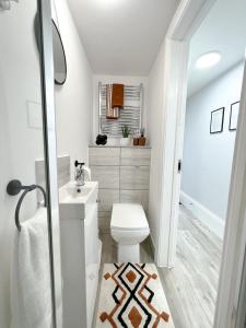 a bathroom with a white toilet and a sink at The Bohemian Basement in Kent