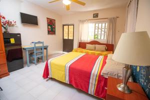 1 dormitorio con cama, mesa y escritorio en La Casa Del Almendro, en Playa del Carmen