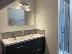 a bathroom with a sink and a mirror at Gîte spacieux à Saint-Léon avec clim et parking - FR-1-489-437 in Saint-Léon +19 photos