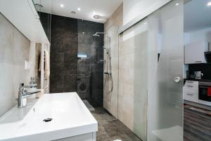 La salle de bains est pourvue d'un lavabo et d'une douche. dans l'établissement Gemütliche Wohnung im Zentrum, à Zeltweg