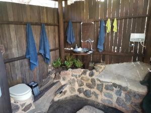 a bathroom with a toilet in a wooden wall at Adorable unique guest house - African bush feel in Kalkheuvel