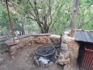 een vuurplaats in de grond met een bank en bomen bij Adorable unique guest house - African bush feel in Kalkheuvel
