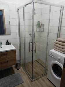 a shower stall in a bathroom with a washing machine at Centrum Apartman Kőszeg in Kőszeg