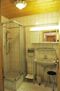 een badkamer met een douche en een wastafel bij Ferienwohnung Alpenwelt in Wallgau