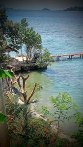 a body of water with trees and a pier at Tanjungan in Gili Gede