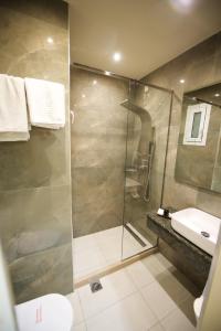 a bathroom with a shower and a toilet and a sink at Hotel Dalia in Corfu