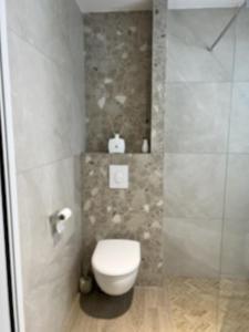 a bathroom with a toilet and a shower stall at Le retour in Saint-Cyr-sur-Mer