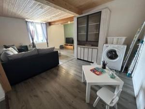 a living room with a couch and a washing machine at Appartement 6/8 personnes in Petite Chaux