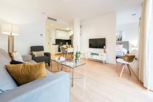 uma sala de estar com um sofá e um quarto com uma televisão em Apartamento con jardin privado y portero (B) em Madri