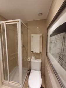 a bathroom with a white toilet and a shower at River View & Close to the Beach - Quarto em Almada in Almada