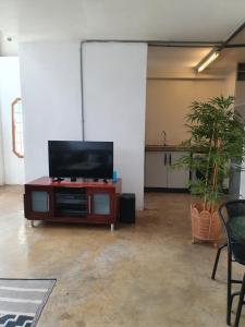 a flat screen tv sitting on a stand in a room at LM Loft Maboneng in Johannesburg