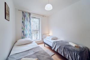 2 Betten in einem Zimmer mit Fenster in der Unterkunft Marel-Apartments Willa Fonte - apartament 8 in Polanica-Zdrój