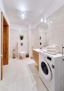 eine Waschmaschine im Bad mit WC in der Unterkunft Marel-Apartments Willa Fonte - apartament 8 in Polanica-Zdrój
