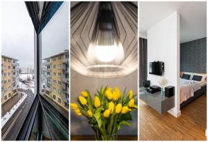 a collage of images of a room with yellow flowers at Baltiq Plaza - BillBerry Apartments in Gdynia