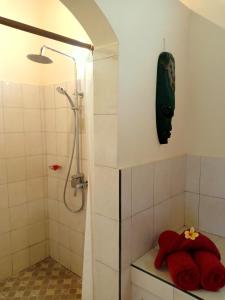 a bathroom with a shower with a green head on the wall at Sawah Lovina in Lovina