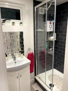 a bathroom with a shower and a sink at The Cabin, Arkley, Barnet in Barnet
