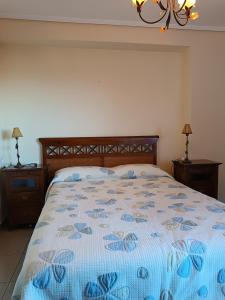 a bedroom with a bed with a blue and white bedspread at PATACONA BEACH in Valencia