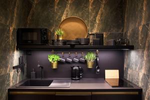 a kitchen with a sink and a counter with plants at Chase Apartments-Boutiquehotel Style II in Würzburg