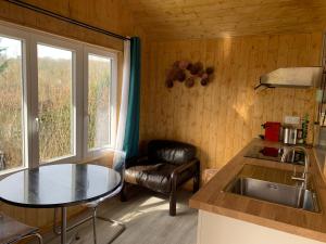 een keuken met een wastafel, een tafel en een stoel bij chalet paradisiaque en bord de Marne Proche de Disneyland in Isles-lès-Villenoy