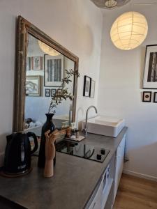 a kitchen with a counter with a sink and a mirror at Alixe la styliste in Talence