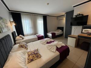 a hotel room with two beds and a tv at Hotel Lunay in Antalya