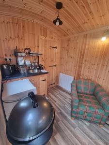 KeltyにあるBlair snug hutのキャビン内のコンロとソファ付きの客室です。