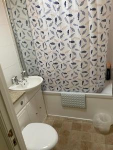a bathroom with a toilet and a shower curtain at Bryn Goleu, Mersey Street, Borth-y-Gest in Porthmadog