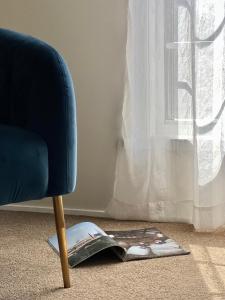 a blue chair and a magazine on the floor next to a window at Westwood Lodge in Bright