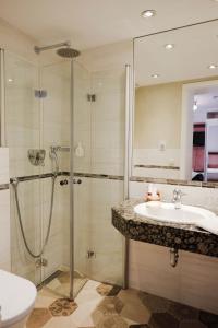 een badkamer met een douche, een wastafel en een toilet bij Hotel Molitors Mühle in Eisenschmitt