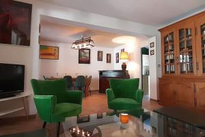 sala de estar con sillas verdes y TV en Magnifique coin de mas avec piscine privative, en Meynes