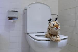um bicho de peluche sentado num WC numa casa de banho em Gran Hotel del Coto em Matalascañas