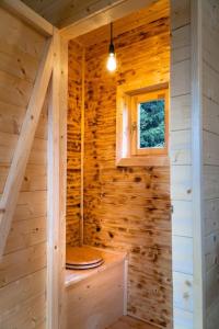 baño con cabina de madera y aseo en Tiny House nad Českým rájem en Všelibice