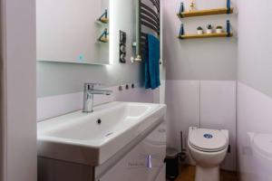 巴特Hausboot Fjord POLARIS mit Biosauna in Barth的带水槽和马桶的白色浴室 更多7张照片